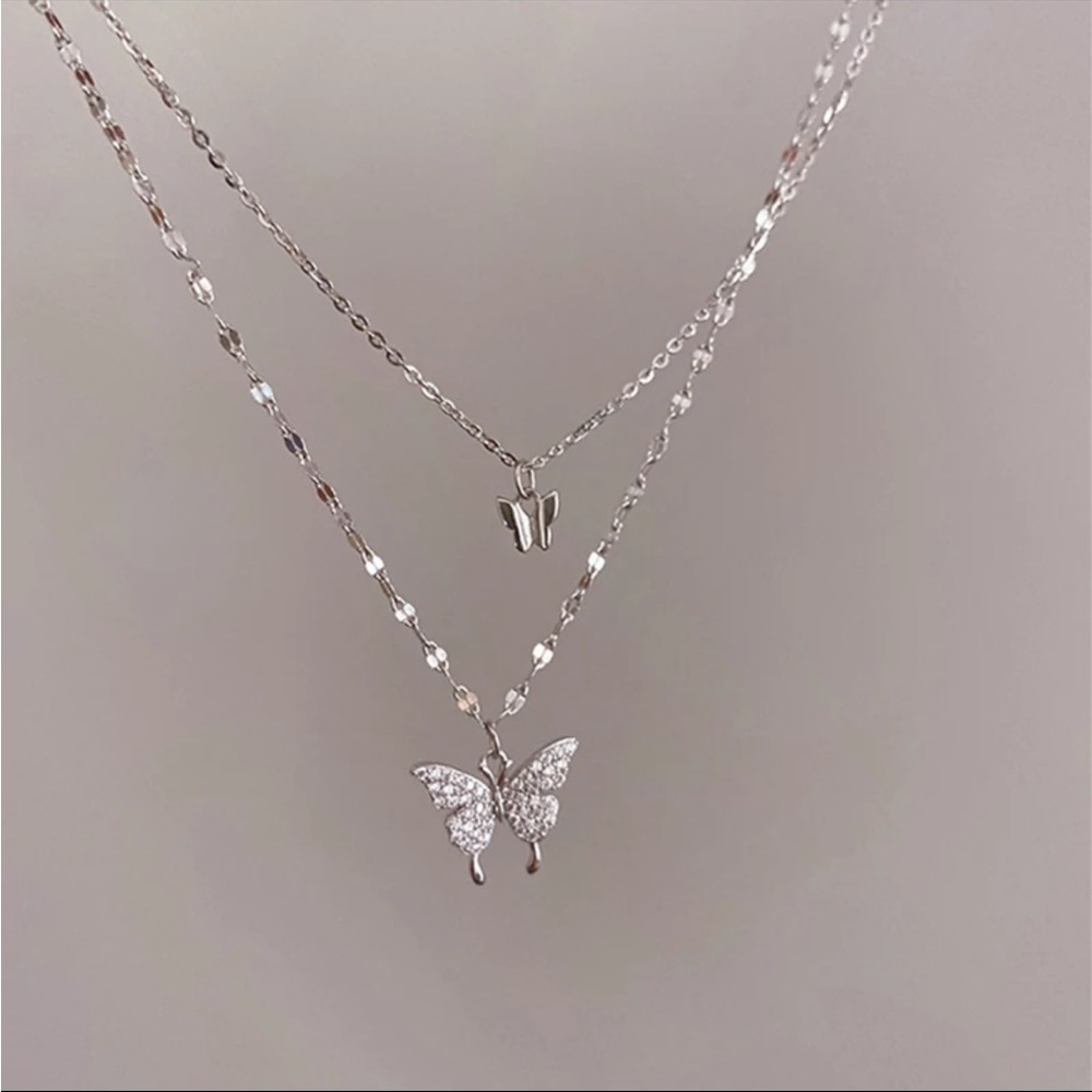 Silver CZ Butterfly Multilayered Necklace - Picture 2 of 2